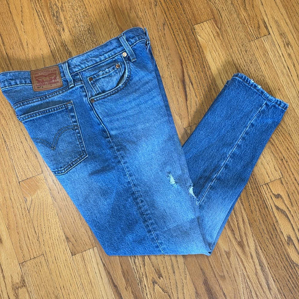 -Levi's 501 Button Fly Distressed Blue Jeans Some Stretch May/2017 Women's 29/28